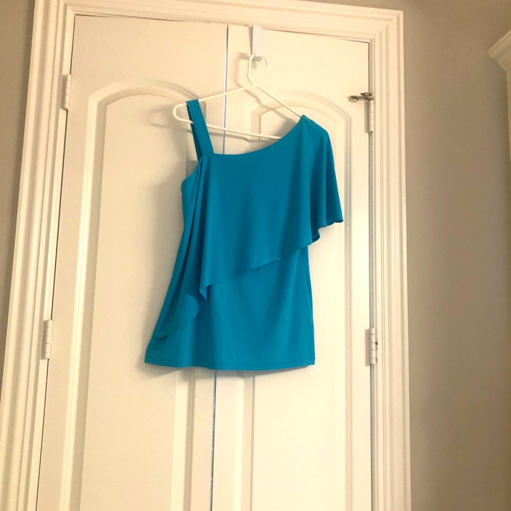 Coco Bianco -   Turquoise tiered top. Single strap with sleeve on opposite side